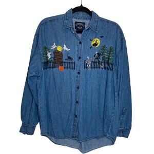 Vintage Halloween Embroidered denim chambray button down teachercore kitsch S